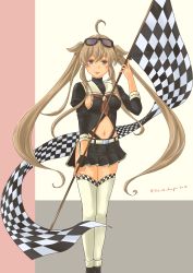 Rule 34 | 1girl, absurdres, adapted costume, ahoge, black gloves, black leotard, black skirt, brown eyes, checkered flag, clothing cutout, eyewear on head, feet out of frame, flag, gloves, heterochromia, highres, holding, holding flag, kantai collection, leotard, light brown hair, long hair, looking at viewer, murasame (kancolle), murasame kai ni (kancolle), navel cutout, official alternate costume, pot-de, race queen, red eyes, single glove, skirt, solo, sunglasses, thighhighs, two side up, white thighhighs