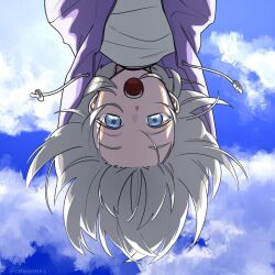 Rule 34 | 1girl, backlighting, blue eyes, blue sky, cloud, cloudy sky, commentary request, forehead, from below, grey hair, highres, hood, hood up, hoodie, idolmaster, idolmaster shiny colors, looking at viewer, looking down, medium hair, open clothes, open hoodie, open mouth, outdoors, purple hoodie, serizawa asahi, shirt, sky, smile, solo, straight-on, tareme, teeth, toyano (ttoyano), twitter username, upper body, upper teeth only, upside-down, white shirt