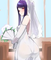 Rule 34 | 1girl, absurdres, alternate costume, ass, back, bare shoulders, blush, bouquet, breasts, closed mouth, commentary request, dress, elbow gloves, flower, gloves, highres, holding, holding bouquet, jill stingray, long hair, looking at viewer, looking to the side, medium breasts, purple hair, red eyes, see-through, solo, va-11 hall-a, veil, wedding dress, white dress, white gloves, yanagui