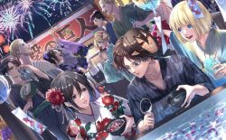 Rule 34 | 3girls, 6+boys, alcohol, alternate costume, annie leonhart, apron, arm up, armin arlert, asahi breweries, beer, beer can, bertolt hoover, black hair, black kimono, blonde hair, blue eyes, brown hair, can, cup, drink can, drinking, eating, eren yeager, erwin smith, festival, fireworks, fish, floral print, flower, food stand, glasses, goldfish, goldfish scooping, grey eyes, grisha yeager, hair flower, hair ornament, hand fan, highres, holding, holding cup, holding fan, japanese clothes, kimono, levi (shingeki no kyojin), looking at viewer, mask, mask on head, mikasa ackerman, multiple boys, multiple girls, open mouth, parted lips, pointing, ponytail, purple kimono, reiner braun, sasha blouse, shingeki no kyojin, shirt, short hair, smirk, survey corps (emblem), upper body, vvv020vvv, water balloon, white shirt