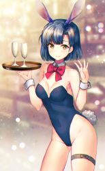 Rule 34 | 1girl, animal ears, blue hair, blue leotard, bow, bowtie, breasts, champagne flute, commentary request, cowboy shot, cup, detached collar, drinking glass, fake animal ears, idolmaster, idolmaster million live!, leotard, looking at viewer, nanao yuriko, playboy bunny, rabbit ears, rabbit tail, red bow, red bowtie, short hair, small breasts, solo, standing, strapless, strapless leotard, tail, tray, vesper (pixiv3568), wrist cuffs, yellow eyes