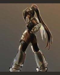 Rule 34 | 1girl, armor, armored boots, black hair, black thighhighs, bleach, boots, dark-skinned female, dark skin, female focus, from behind, full body, gauntlets, gradient background, highleg, knee boots, leotard, long hair, looking at viewer, looking back, marisaski, ponytail, shihouin yoruichi, solo, standing, thighhighs, very long hair, yellow eyes