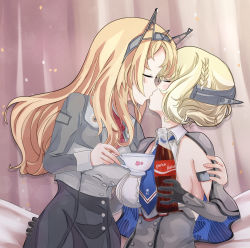Rule 34 | 2girls, ascot, bad id, bad pixiv id, black gloves, blonde hair, blue eyes, blue neckwear, bottle, braid, breasts, brown background, capelet, closed eyes, colorado (kancolle), commentary request, cowboy shot, cup, dress, elbow gloves, flower, garrison cap, gloves, gradient background, grey dress, hat, headgear, highres, himeyamato, holding, holding bottle, hug, kantai collection, kiss, kiss day, large breasts, long sleeves, military, military uniform, multiple girls, necktie, nelson (kancolle), pencil skirt, red flower, red neckwear, red rose, revision, rose, shirt, short hair, side braids, sideboob, skirt, sleeveless, teacup, uniform, white shirt, yuri