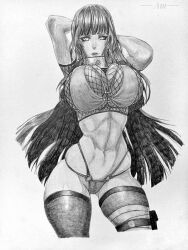 Rule 34 | abs, alternate breast size, arms behind head, arms up, artist name, bikini, black hair, breasts, collar, drycelll, eyebrows, eyelashes, feet out of frame, fishnet top, fishnets, hands behind, hands up, huge breasts, hyuuga hinata, large breasts, long hair, naruto, naruto (series), naruto shippuuden, non-nude, parted lips, standing, swimsuit, thick thighs, thigh gap, thighhighs, thighs