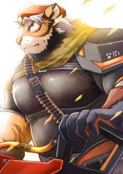 Rule 34 | 1boy, animal ears, armor, bandolier, bara, beard, beret, camouflage scarf, chest harness, facial hair, fang, full beard, furry, furry male, gloves, harness, hat, holding, holding weapon, kemokemumaki, large pectorals, looking to the side, male focus, muscular, muscular male, pauldrons, pectorals, profile, short sleeves, shoulder armor, simple background, single pauldron, solo, tiger boy, tiger ears, tokyo houkago summoners, upper body, weapon, white background, white hair, willie wildcat (housamo)