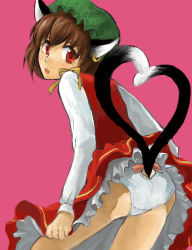 Rule 34 | 1girl, animal ears, ass, brown hair, cat ears, cat girl, cat tail, chen, earrings, female focus, hat, heart, heart tail, jewelry, multiple tails, nakamuhadaka q, nakamuraimo, panties, red eyes, short hair, simple background, solo, tail, touhou, underwear, white panties
