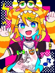 Rule 34 | 1girl, absurdres, aqua hair, belt, black belt, black choker, black jacket, blonde hair, blue border, blue eyes, blush, border, bow, choker, collarbone, fake horns, fang, green bow, hair bow, halftone, halftone background, heart, heart choker, highres, hood, horns, jacket, jewelry, kagamine rin, lightning bolt symbol, multicolored hair, multiple hair bows, musical note, necklace, neon palette, open mouth, paw pose, pink background, print shirt, shirt, short hair, sisusisu189, solo, striped arm warmers, striped hood, swept bangs, tail, two-tone hair, upper body, vocaloid, white shirt, wrist belt, yellow belt, yellow bow