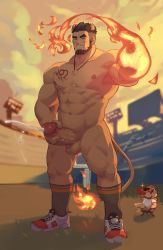 Rule 34 | 1boy, abs, alca (wakatanka4), animal ears, bara, beard, black hair, blush, character doll, commission, cum, ejaculation, erection, extra ears, facial hair, field, flaming hand, gyee, highres, large pectorals, lion boy, lion ears, lion tail, male focus, male masturbation, masturbation, mature male, muscular, muscular male, navel, nipples, original, pectorals, penis, projectile cum, shoes, short hair, sneakers, socks, solo, standing, stomach, tail, thick eyebrows, thick thighs, thighs, uncensored, undercut, veins, veiny penis, zoyu (wuedti)