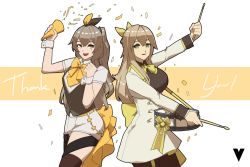 Rule 34 | 2girls, arm up, breasts, brown hair, commentary, cowboy shot, english commentary, english text, girls&#039; frontline, hair between eyes, hair ornament, hair ribbon, highres, holding, holding instrument, instrument, long hair, long sleeves, looking at viewer, multiple girls, official alternate costume, one side up, open mouth, pantyhose, ribbon, scar, scar across eye, scar on face, short sleeves, smile, thank you, thighhighs, ump40 (girls&#039; frontline), ump40 (the wish-preserving witch of shadows) (girls&#039; frontline), ump45 (girls&#039; frontline), ump45 (the wish-making sorceress of fireworks) (girls&#039; frontline), variasii, vest, wrist cuffs, yellow eyes