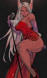 Rule 34 | 1girl, animal ears, arm behind back, artist name, ass, bare legs, bare shoulders, boku no hero academia, breasts, cosplay, dark-skinned female, dark skin, dress, earrings, elbow gloves, gloves, high heels, holding, holding microphone stand, jessica rabbit, jessica rabbit (cosplay), jewelry, kadeart, knee up, large breasts, long eyelashes, long hair, looking at viewer, microphone, microphone stand, mirko, parted bangs, pumps, purple gloves, rabbit ears, rabbit girl, rabbit tail, red dress, red eyes, red footwear, red heels, simple background, smile, solo, strapless, strapless dress, tail, thick thighs, thighs, toned, very long hair, white hair, who framed roger rabbit