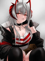 Rule 34 | 1girl, :/, absurdres, ahoge, alternate costume, arknights, armband, asymmetrical bangs, belt pouch, between legs, black choker, black gloves, black jacket, black thighhighs, breasts, choker, cleavage, collarbone, fingerless gloves, gloves, grey background, grey hair, hand between legs, highres, horns, jacket, light blush, medium breasts, medium hair, open clothes, open jacket, orange eyes, parted lips, pouch, red armband, sitting, skeptical, skindentation, solo, strap, tank top, teeth, thighhighs, user vtmj4772, w (arknights)