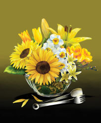 Rule 34 | bad id, bad pixiv id, bowl, daffodil, flower, lily (flower), no humans, original, park soyoung, still life, sunflower, tongs, yellow background, yellow theme
