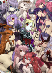 Rule 34 | alternate form, blonde hair, blue eyes, breasts, brown eyes, catherine, catherine (game), character request, cleavage, copyright request, crossover, demon girl, demon horns, demon tail, disgaea, drill hair, earrings, fate/grand order, fate (series), haraya manawari, head wings, highres, holding hands, horns, interlocked fingers, jewelry, large breasts, makai senki disgaea, medium breasts, multiple crossover, orange hair, pale skin, pink eyes, pink hair, pointy ears, purple hair, red eyes, sheep horns, small breasts, smile, succubus (disgaea), tail, trait connection, twin drills, wings