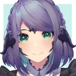 Rule 34 | 1girl, akizone, au ra, warrior of light (ff14), black horns, blush, braid, commentary, commission, english commentary, final fantasy, final fantasy xiv, green background, green eyes, horns, looking at viewer, portrait, purple hair, short hair, simple background, smile, solo, white background