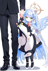 Rule 34 | 1girl, :&lt;, aged down, black footwear, blue archive, blue hair, blue wings, bow, bowtie, braid, dress, feathered wings, green eyes, hair bow, halo, hat, height difference, highres, holding, holding hands, holding stuffed toy, long hair, long sleeves, mine (blue archive), mutsuse, nurse cap, pants, pink bow, pink bowtie, pointy ears, simple background, solo focus, stuffed animal, stuffed toy, twin braids, very long hair, white background, white footwear, wings