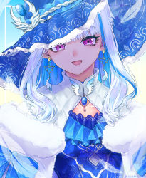 Rule 34 | 1girl, :d, blue hair, blue hat, blue theme, blunt bangs, breasts, capelet, collarbone, colored inner hair, dededeteiu, earrings, frills, fur trim, gem, hat, hat over one eye, hat ribbon, highres, jewelry, lize helesta, long hair, looking at viewer, multicolored hair, nijisanji, open mouth, pendant, purple eyes, ribbon, smile, solo, streaked hair, two-tone hair, upper body, virtual youtuber, white capelet, white hair