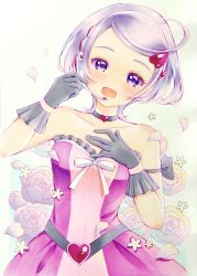 Rule 34 | 1girl, ahoge, bare shoulders, black choker, black gloves, breasts, brooch, choker, cowboy shot, dokidoki! precure, dress, flower, frilled dress, frills, gloves, gradient background, hand on own chest, headset, heart, heart brooch, idol, idol clothes, jewelry, kenzaki makoto, lilylily0601, looking at viewer, microphone, open mouth, petals, precure, purple dress, purple eyes, short hair, small breasts, smile, solo, speaker, strapless, white background