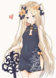 Rule 34 | 1girl, abigail williams (fate), alternate costume, alternate hairstyle, bare shoulders, black bow, blonde hair, blue eyes, blush, bow, china dress, chinese clothes, commentary request, covered navel, dress, fate/grand order, fate (series), hair bow, heart, highres, keyhole, long hair, looking at viewer, open mouth, orange bow, parted bangs, polka dot, polka dot bow, saku (kudrove), side slit, simple background, solo, standing, two side up, very long hair