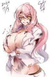 Rule 34 | 1girl, angry, blood, breast hold, breasts, bruise, cleavage, earrings, fate/grand order, fate (series), glasses, highres, huge breasts, injury, jacket, jewelry, koyanskaya (fate), long hair, looking at viewer, pink hair, simple background, skirt, solo, suga leon, tamamo (fate), teeth, thighs, torn clothes, very long hair, white-framed eyewear, white background, white jacket, yellow eyes