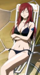 Rule 34 | 1girl, bikini, breasts, cleavage, erza scarlet, closed eyes, fairy tail, female focus, groin, highres, large breasts, long hair, red hair, screencap, side-tie bikini bottom, solo, stitched, swimsuit, tattoo, third-party edit