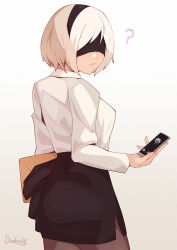 1girl, ?, black blindfold, blindfold, breasts, brown legwear, cellphone, commentary, covered eyes, darahan, english commentary, envelope, fingernails, from behind, holding, holding phone, manila envelope, medium breasts, nail polish, nier (series), nier automata, office lady, pantyhose, pencil skirt, phone, pink nails, shirt, short hair, silver hair, skirt, smartphone, solo, turning head, white shirt, yorha no. 2 type b, yorha no. 9 type s