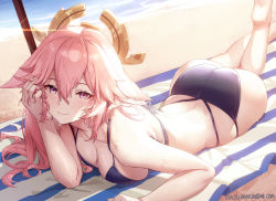 Rule 34 | 1girl, absurdres, animal ears, ass, azema, bare shoulders, beach, bikini, black bikini, breasts, commentary, fox ears, genshin impact, hand up, highres, large breasts, long hair, looking at viewer, lying, on stomach, pink hair, purple eyes, smile, solo, swimsuit, yae miko