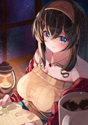 Rule 34 | 1girl, absurdres, argyle clothes, argyle hairband, bare shoulders, black hair, blue eyes, blush, book, breasts, cleavage, collarbone, cup, hair between eyes, hairband, highres, holding, holding book, idolmaster, idolmaster cinderella girls, jewelry, lantern, large breasts, long hair, necklace, off-shoulder sweater, off shoulder, ribbed sweater, sagisawa fumika, satoyama meu, shawl, smile, solo, star (sky), sweater