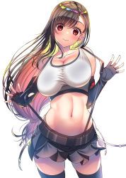 Rule 34 | 1girl, adjusting clothes, asahina hikage, belt, black gloves, black skirt, black thighhighs, blush, breasts, brown hair, cowboy shot, earrings, elbow gloves, final fantasy, final fantasy vii, final fantasy vii remake, gloves, highres, jewelry, large breasts, long hair, looking at viewer, red eyes, simple background, skirt, smile, solo, stomach, suspender skirt, suspenders, thighhighs, tifa lockhart