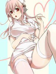 Rule 34 | 1girl, blush, breasts, cameltoe, cleavage, female focus, hat, headphones, large breasts, long hair, looking at viewer, nitroplus, nurse, nurse cap, open mouth, pink hair, potato (oriha94), red eyes, solo, super sonico, thighhighs, underwear, white thighhighs