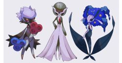 Rule 34 | 3girls, bad id, bad pixiv id, big hair, blue eyes, blue flower, blue hair, blue rose, bob cut, closed mouth, colored skin, creatures (company), female focus, flat chest, florges, florges (blue flower), flower, full body, game freak, gardevoir, gen 3 pokemon, gen 4 pokemon, gen 6 pokemon, green hair, green skin, grey background, hair between eyes, hair flower, hair ornament, half-closed eyes, hand on own hip, hand to own mouth, hand up, happy, highres, looking at viewer, looking to the side, mariya (mn 436), monster girl, multicolored skin, multiple girls, nintendo, pillarboxed, plant girl, pokemon, pokemon (creature), red eyes, red flower, red rose, rose, roserade, short hair, simple background, smile, standing, two-tone skin, white hair, white skin, yellow flower