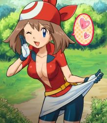 Rule 34 | 00s, 1girl, ;d, bad id, bad twitter id, bandana, bike shorts, blue eyes, breasts, brown hair, cleavage, clothes lift, creatures (company), game freak, gloves, heart, jpeg artifacts, large breasts, may (pokemon), nintendo, one eye closed, open clothes, open mouth, open shirt, pokemoa, pokemon, pokemon rse, shirt, short hair, skirt, skirt lift, smile, solo, spoken heart, white skirt