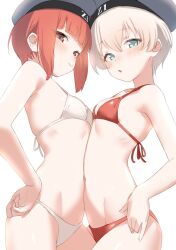 Rule 34 | 2girls, :o, bikini, blue eyes, blunt bangs, blush, breasts, brown eyes, character name, collarbone, commentary request, cowboy shot, crossed bangs, from below, hair between eyes, hand on own hip, hat, highres, kantai collection, looking at viewer, micro bikini, multiple girls, navel, open mouth, red bikini, red hair, sakieko, short hair, sidelocks, simple background, small breasts, smile, standing, stomach, string bikini, swimsuit, white background, white bikini, white hair, z1 leberecht maass (kancolle), z3 max schultz (kancolle)