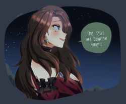 Rule 34 | 1girl, breasts, brown hair, dorothea arnault, dress, earrings, eine (eine dx), english text, fire emblem, fire emblem: three houses, from side, green eyes, jewelry, large breasts, long hair, night, night sky, nintendo, parted bangs, red dress, sky, solo, star (sky), starry sky, tagme