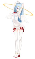 Rule 34 | 1girl, angel wings, armpits, arms up, bare arms, blue hair, boots, dress, gloves, hair over one eye, halo, highres, long hair, long legs, looking at viewer, miruto netsuki, original, red eyes, shirt, sleeveless, sleeveless shirt, solo, thighhighs, very long hair, white dress, white gloves, white thighhighs, wings, zettai ryouiki