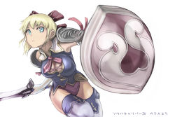 Rule 34 | 1girl, bad id, bad pixiv id, blonde hair, blue eyes, bow, breasts, cassandra alexandra, cleavage, cleavage cutout, clothing cutout, elbow gloves, gloves, hair bow, medium breasts, necktie, pink necktie, shield, short hair, simple background, solo, soul calibur, soulcalibur, soulcalibur iv, sword, tea (nakenashi), thighhighs, weapon