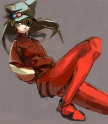 Rule 34 | 10s, 1girl, animal hat, attall, blue eyes, bodysuit, brown hair, cabbie hat, cat hat, evangelion: 3.0 you can (not) redo, eyepatch, hands in pockets, hat, highres, jacket, long hair, nanbo ataru (attall), neon genesis evangelion, plugsuit, rebuild of evangelion, simple background, solo, souryuu asuka langley, track jacket