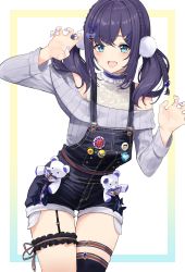 Rule 34 | 1girl, absurdres, aiba uiha, bare shoulders, black hair, black thighhighs, blue bow, blue eyes, blush, bow, braid, braided bangs, bridal garter, choker, clothing request, commentary, denim, hair bow, highres, looking at viewer, nijisanji, open mouth, overalls, revision, ribbed sweater, side braid, single thighhigh, smile, solo, star741, striped clothes, striped sweater, stuffed animal, stuffed toy, sweater, teddy bear, teeth, thigh gap, thigh strap, thighhighs, upper teeth only, virtual youtuber