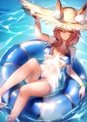 Rule 34 | 10s, 1girl, adjusting clothes, adjusting headwear, animal ears, artist name, bikini, blue bikini, bracelet, breasts, collarbone, ears through headwear, fate/extra, fate (series), feet, floating, fox ears, genyaky, hair flaps, hat, innertube, jewelry, large breasts, leg lift, long hair, looking at viewer, navel, necklace, ocean, partially submerged, pink hair, see-through, shirt, sitting, solo, sun hat, swim ring, swimsuit, tamamo (fate), tamamo no mae (fate/extra), tamamo no mae (swimsuit lancer) (fate), tamamo no mae (swimsuit lancer) (second ascension) (fate), water, wet, wet clothes, wet shirt, yellow eyes