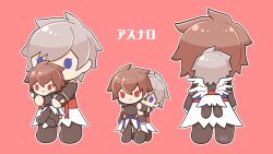 Rule 34 | 2boys, 3310pix, artist name, belt, blue belt, blue eyes, brown hair, cape, chibi, chibi only, commentary, commentary request, elbow gloves, feathered wings, from behind, gloves, granblue fantasy, hair between eyes, highres, hood, hood down, hug, hug from behind, light smile, lucifer (shingeki no bahamut), multiple boys, multiple views, multiple wings, outline, red background, red eyes, sandalphon (granblue fantasy), short hair, short sleeves, signature, solid oval eyes, translation request, white cape, white hair, white outline, white wings, wings