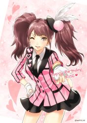Rule 34 | 1girl, black gloves, black necktie, black skirt, brown eyes, brown hair, character name, collared shirt, contrapposto, cowboy shot, earrings, fingerless gloves, floating hair, gloves, hand on own hip, happy birthday, highres, index finger raised, jewelry, kujikawa rise, long hair, looking at viewer, miniskirt, necktie, one eye closed, outstretched arm, parted lips, persona, persona 4, pleated skirt, sato-pon, shirt, skirt, solo, standing, twintails, twitter username, very long hair, white shirt, wing collar