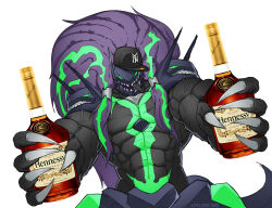 Rule 34 | 1boy, armor, baseball cap, black hair, black tongue, blazblue, blazblue: central fiction, commentary, drink, english commentary, green eyes, green hair, hair tubes, hat, hennessy, highres, holding, holding drink, kreuzer 00, male focus, multicolored hair, open mouth, reaching, reaching towards viewer, signature, susanoo (blazblue), tail, teeth, two-tone hair, veins, veiny arms
