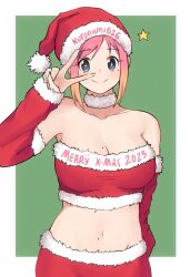 Rule 34 | 1girl, belly, blue eyes, breasts, christmas, cleavage, hat, highres, kuronami616, looking at viewer, mole, mole on breast, mole on stomach, mole under eye, original, pink hair, santa costume, santa hat, short hair, simple background, smile, solo, sparkling eyes, v