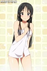 Rule 34 | 1girl, akiyama mio, black hair, blue eyes, blush, embarrassed, highres, k-on!, long hair, looking at viewer, naked towel, nude, official style, solo, thighs, towel, wet, wet hair
