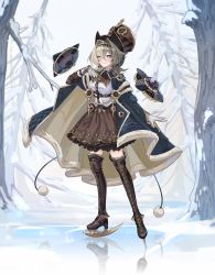 Rule 34 | 1girl, black cape, boots, brown dress, brown eyes, brown footwear, brown hair, cape, closed mouth, dress, gloves, hat, headband, highres, honkai (series), honkai impact 3rd, ice skates, long hair, long sleeves, looking at viewer, outdoors, skates, sky, smile, snowing, solo, standing, thigh boots, top hat, tree, vill-v, wervus, white gloves, white sky