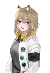 Rule 34 | 1girl, animal ear fluff, animal ears, arknights, armband, blonde hair, blush, breasts, commentary, fang, grey shirt, hair ornament, hairclip, highres, jacket, large breasts, looking at viewer, open clothes, open jacket, open mouth, purple eyes, shirt, short hair, simple background, skin fang, slit pupils, smile, solo, sowb, utage (arknights), white background, white jacket, x hair ornament