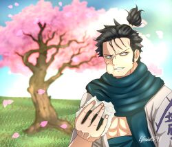Rule 34 | 1boy, abs, absurdres, artist name, black hair, cherry blossoms, commentary, day, eating, efrain0793, food, grass, highres, holding, holding food, japanese clothes, male focus, one piece, onigiri, outdoors, ryuuma, scar, scar on face, short hair, solo, stitches, teeth, topknot, tree