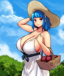 Rule 34 | 1girl, apple, bang (gesture), bare shoulders, basket, blue hair, blue sky, blunt bangs, blush, breasts, cleavage, closed mouth, cloud, commentary, dress, english commentary, erkaz, finger gun, food, fruit, hairband, halterneck, hand on headwear, hat, highres, huge breasts, looking at viewer, medium hair, original, outdoors, red eyes, rina atherina, sash, sky, smile, standing, tree, white dress, white hairband