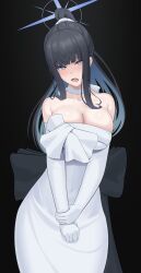 Rule 34 | 1girl, absurdres, bare shoulders, black hair, blue archive, blue eyes, blue hair, blush, breasts, bursting breasts, choker, cleavage, collarbone, colored inner hair, dress, elbow gloves, gloves, hair ribbon, halo, highres, large breasts, long hair, looking at viewer, meron (mblalula), multicolored hair, open mouth, ponytail, ribbon, saori (blue archive), saori (dress) (blue archive), solo, white dress, white gloves