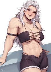 Rule 34 | 1girl, absurdres, arm support, blush, breasts, cleavage, dorohedoro, female focus, highres, large breasts, lips, long hair, looking at viewer, muscular, muscular female, navel, noi (dorohedoro), red eyes, solo, speedl00ver, thick thighs, thighs, veins, veiny arms, white hair