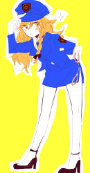 Rule 34 | 1girl, alternate costume, black bow, black footwear, blonde hair, blue hat, blue jacket, blue necktie, blue skirt, bow, braid, collared shirt, commentary request, cuffs, hair bow, hand on headwear, handcuff dangle, handcuffs, hat, high heels, highres, holding, holding handcuffs, jacket, kirisame marisa, long hair, long sleeves, looking at viewer, necktie, open mouth, outline, pentagram, police, police hat, police uniform, policewoman, shirt, side braid, single braid, skirt, solo, sparkle, thighs, touhou, uniform, white outline, yellow background, yellow eyes, yonu (yonurime)